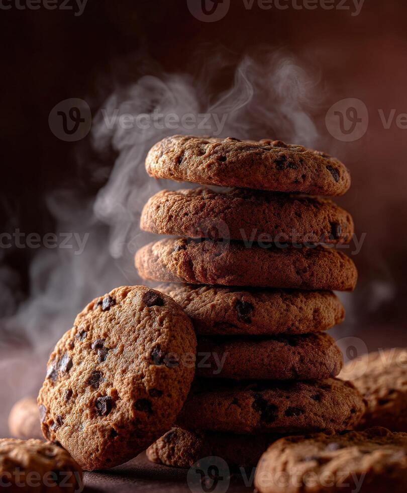 Warm homemade cookies stacked high with steam rising in a cozy setting photo