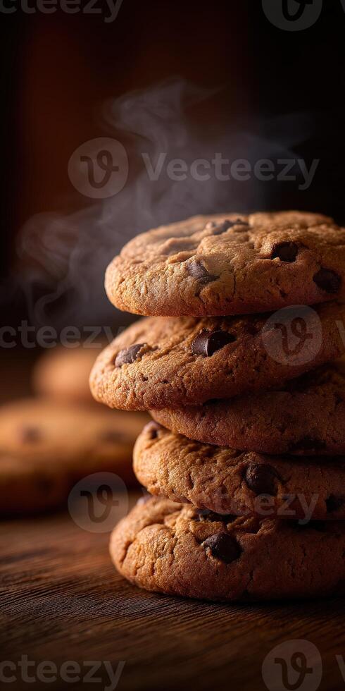 Warm chocolate chip cookies piled high on a wooden surface at home photo