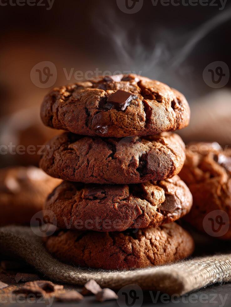 Freshly baked chocolate chip cookies stacked on a rustic burlap cloth photo