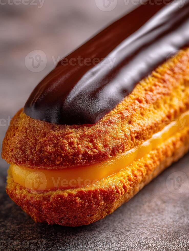 Delicious pastry filled with cream and topped with rich chocolate glaze photo