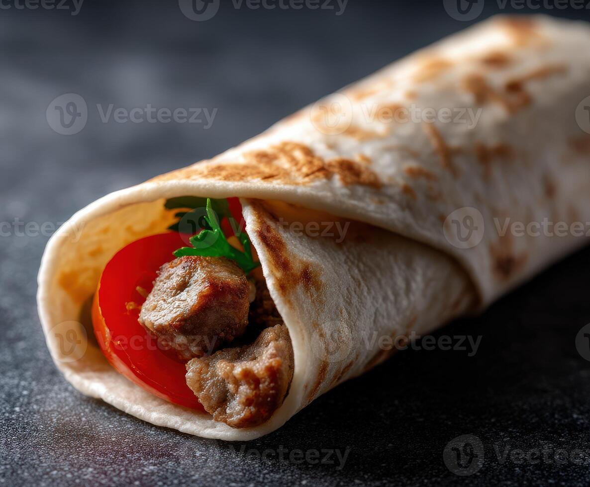 Delicious wrap filled with meat and fresh vegetables served on a dark surface photo