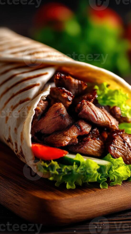 Delicious grilled beef wrap with fresh vegetables served on wooden board photo