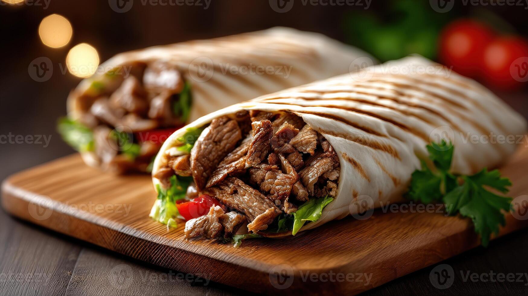 Delicious grilled steak wraps with fresh vegetables on a wooden board photo