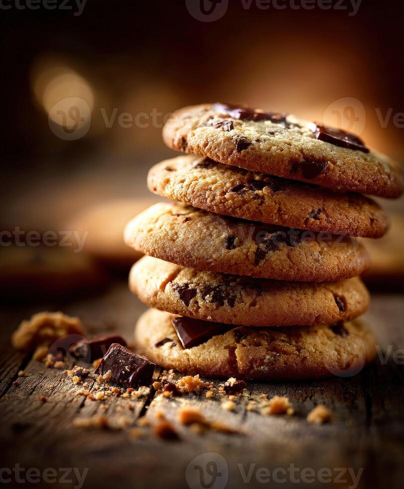 Delicious chocolate chip cookies stacked on rustic wooden table in warm light photo