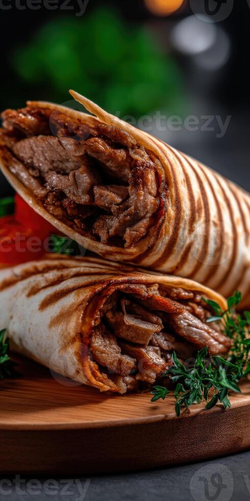 Delicious wraps filled with savory beef and fresh vegetables on wooden board photo