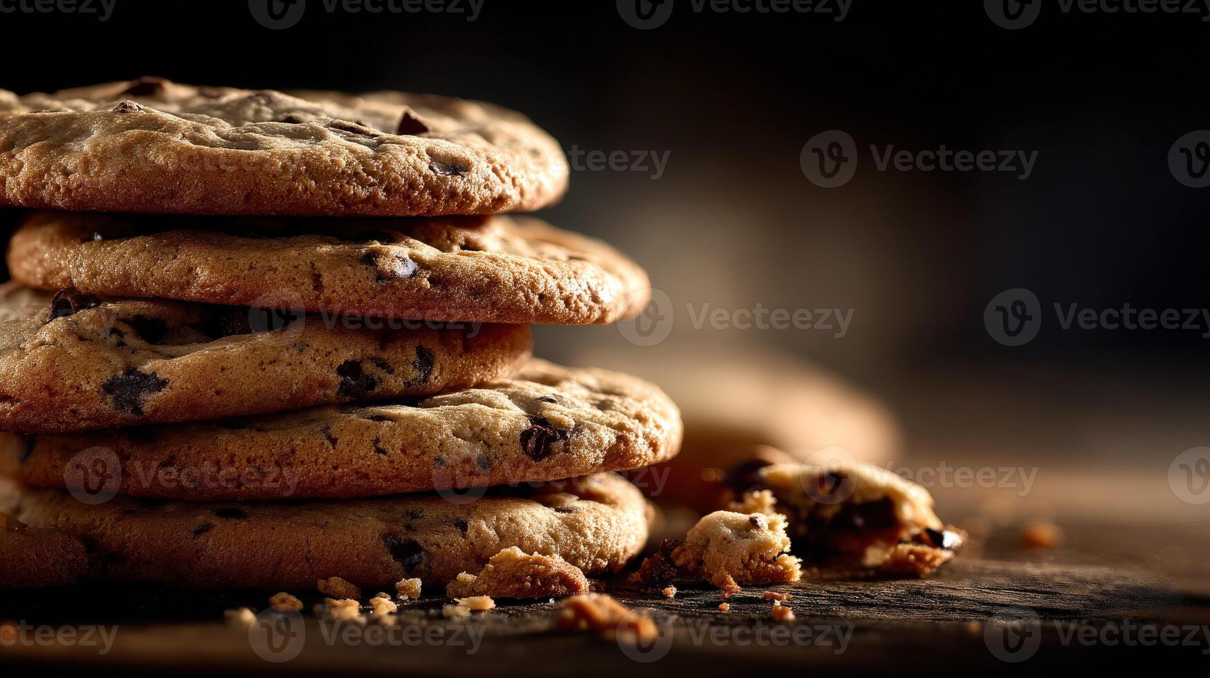 A stack of chocolate chip cookies on a wooden table photo