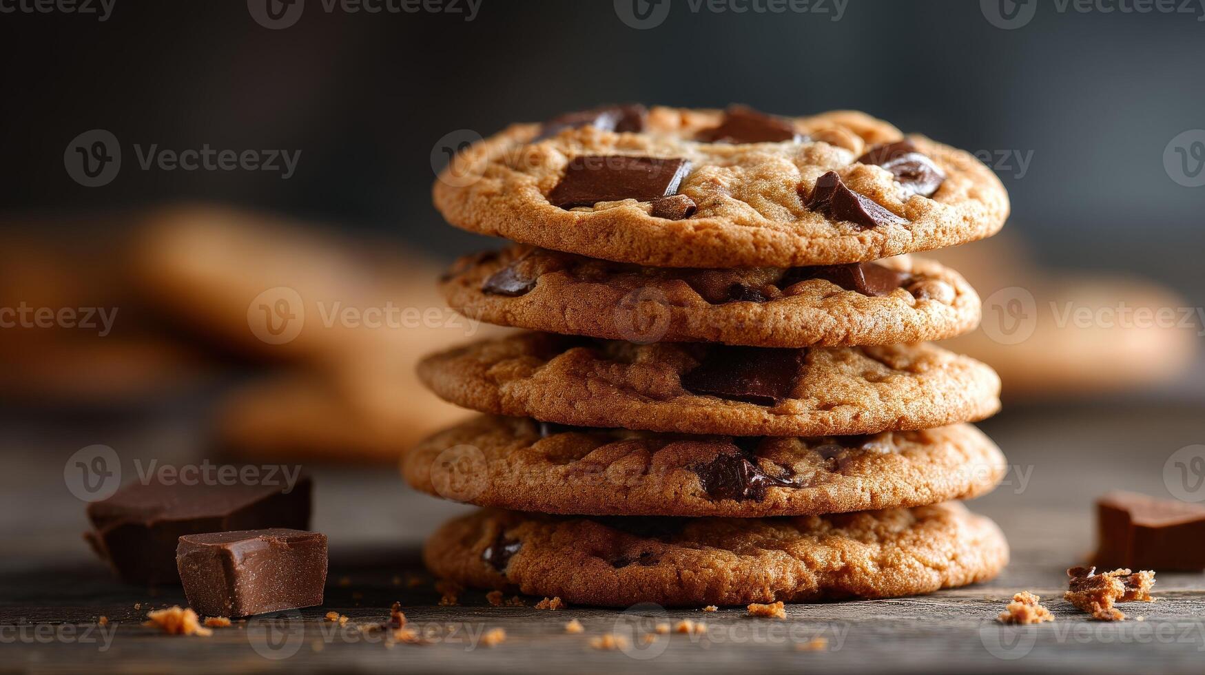 A stack of chocolate chip cookies with chocolate chips photo