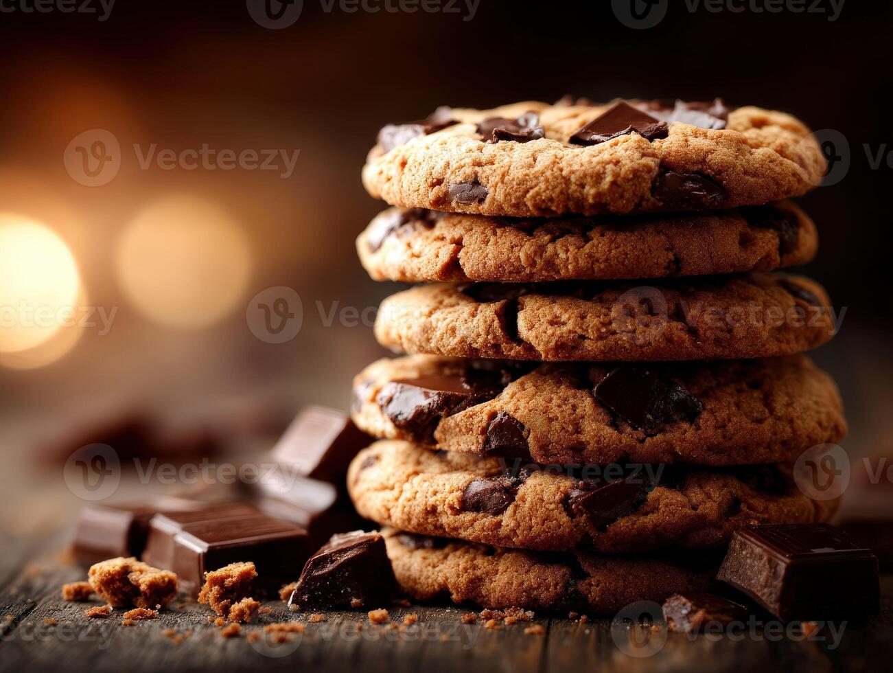 Warm chocolate chip cookies stacked on a rustic wooden table in soft light photo