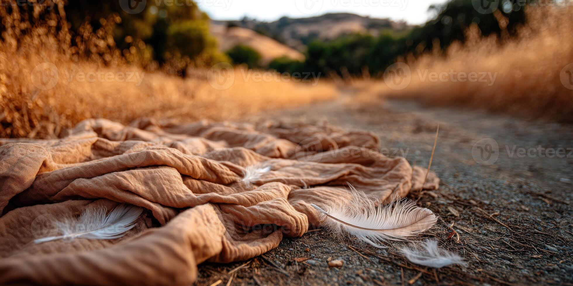 Textured fabric and feathers scattered along a rural pathway at sunset photo