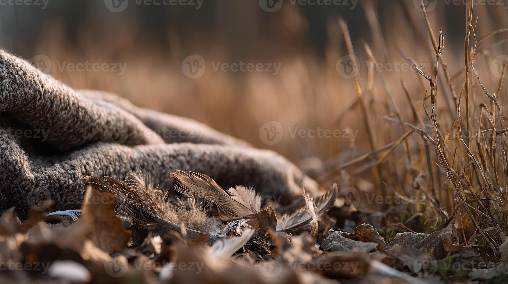 Soft blanket resting on dry grass with feathers and leaves scattered around photo