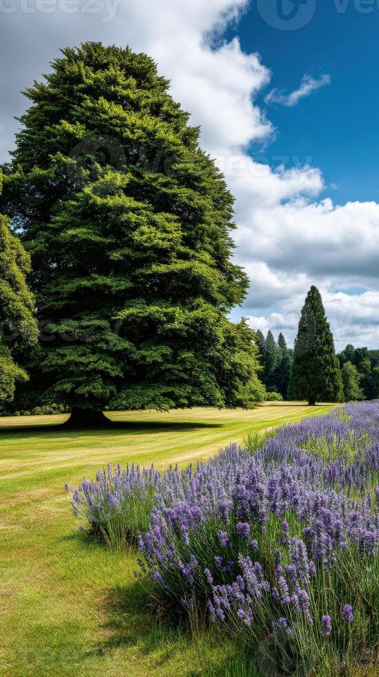Lush green landscape featuring lavender fields under a bright blue sky photo