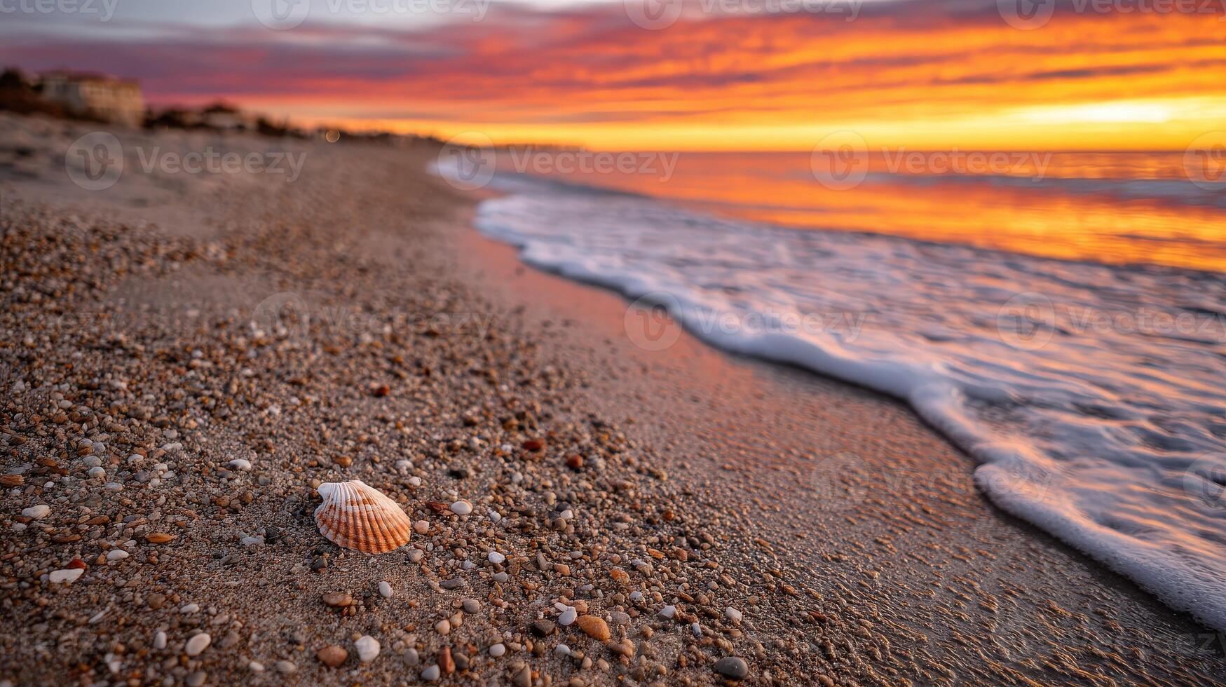 Coastal sunset with seashell on sandy shore during low tide photo
