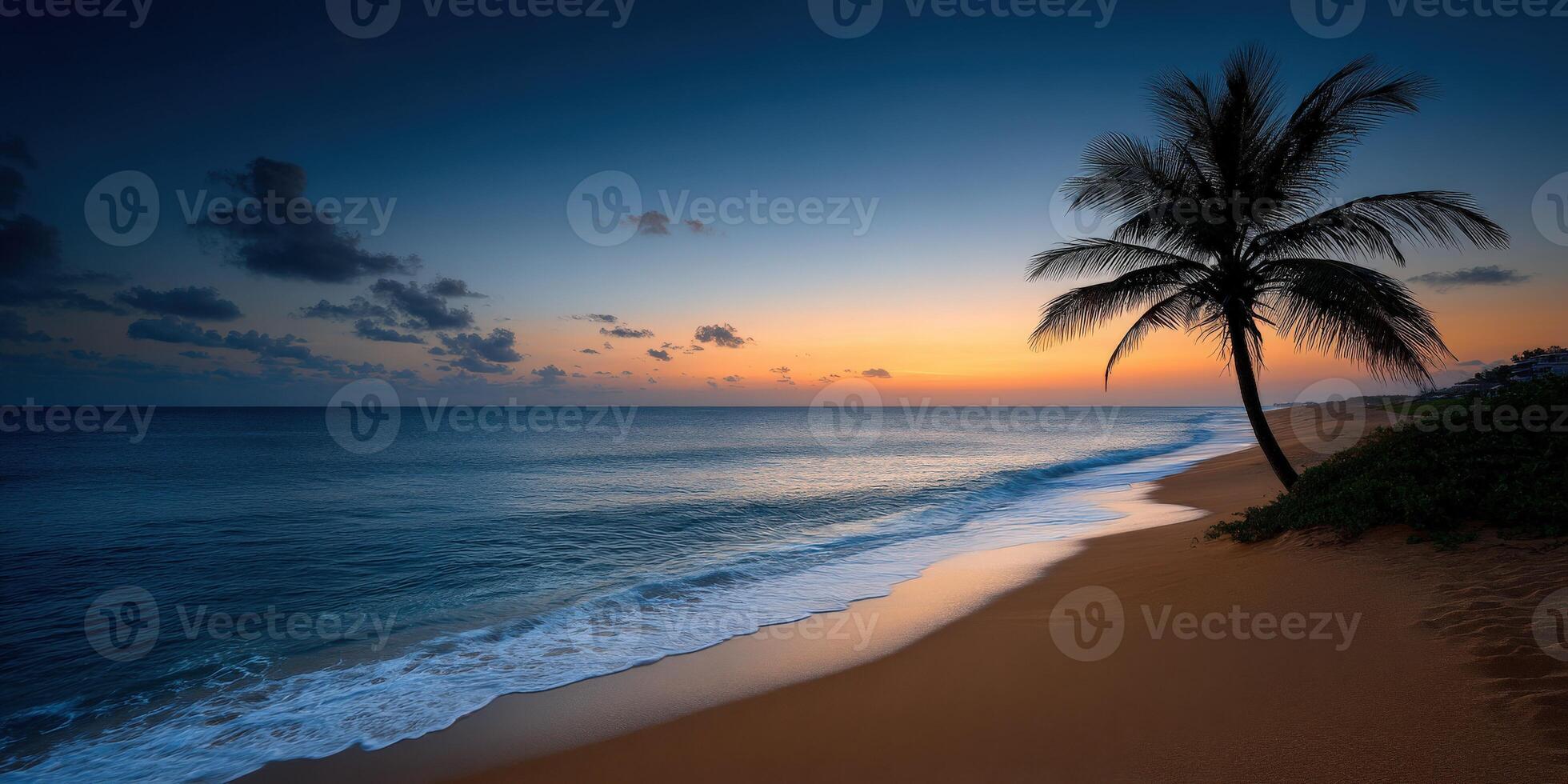 Serene sunset view over calm ocean waves with palm tree on sandy beach photo
