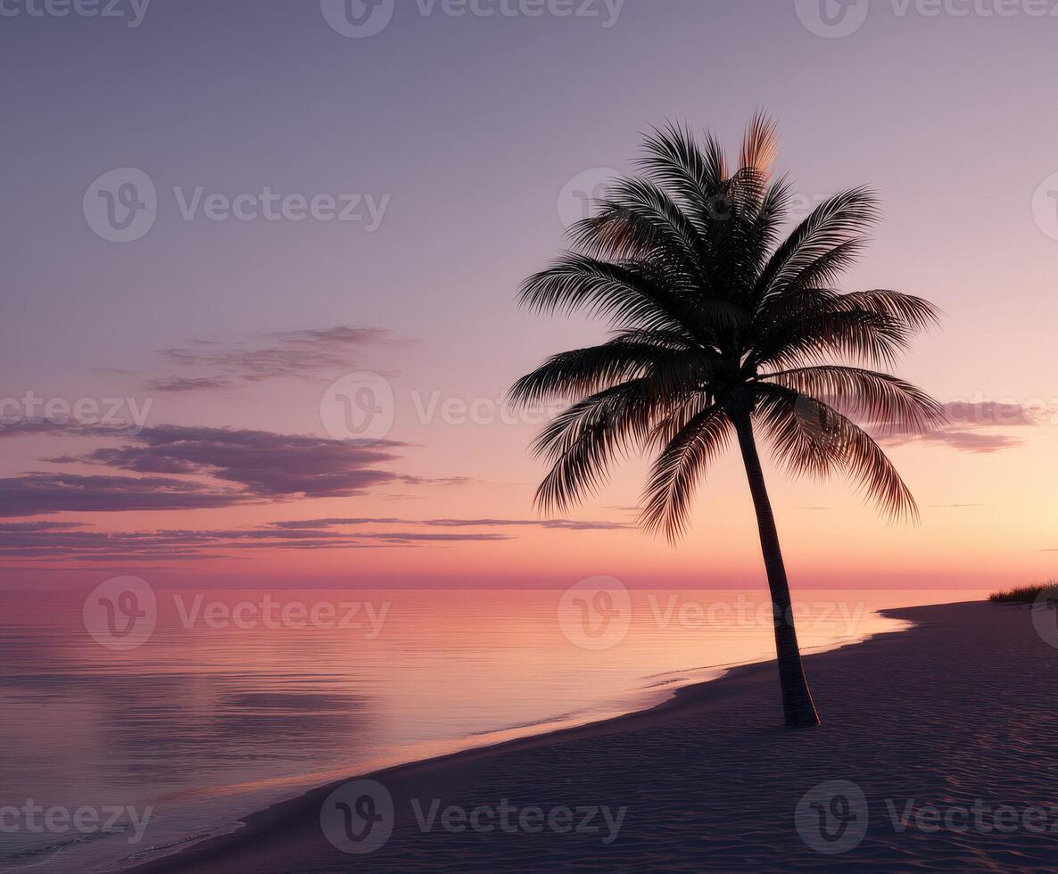 Serene sunset at a tropical beach with a palm tree silhouette photo