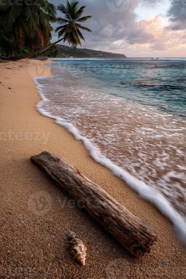 Relaxing day at the sandy beach with gentle waves and sunset hues photo