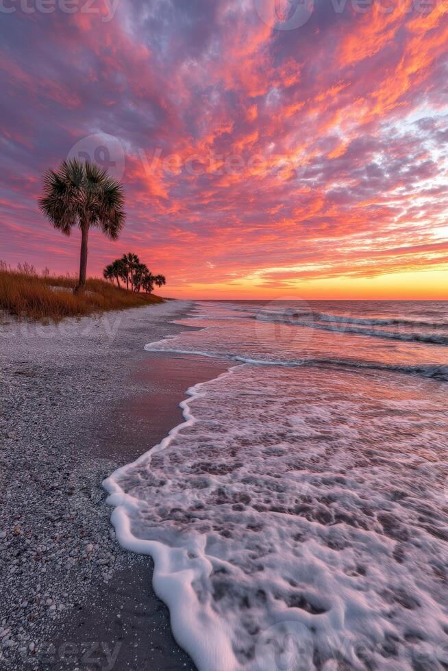 Stunning sunset over the beach with gentle waves and palm trees silhouetted photo