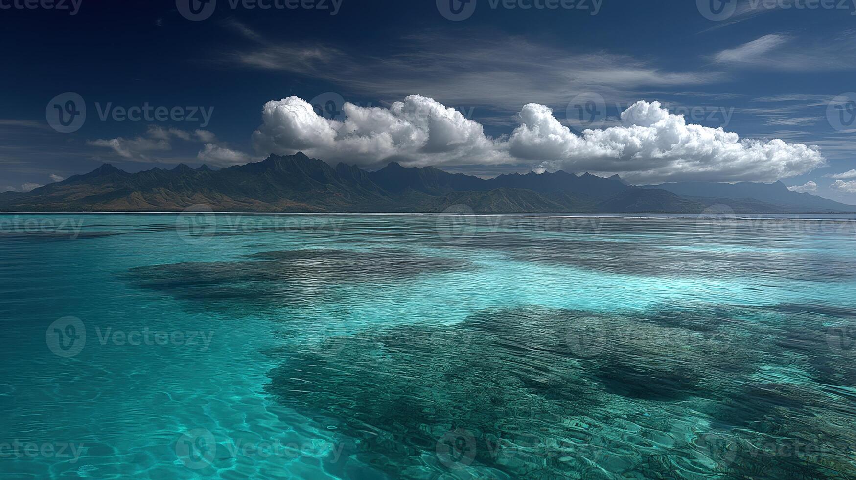 Stunning turquoise waters with mountain backdrop under a cloudy sky photo