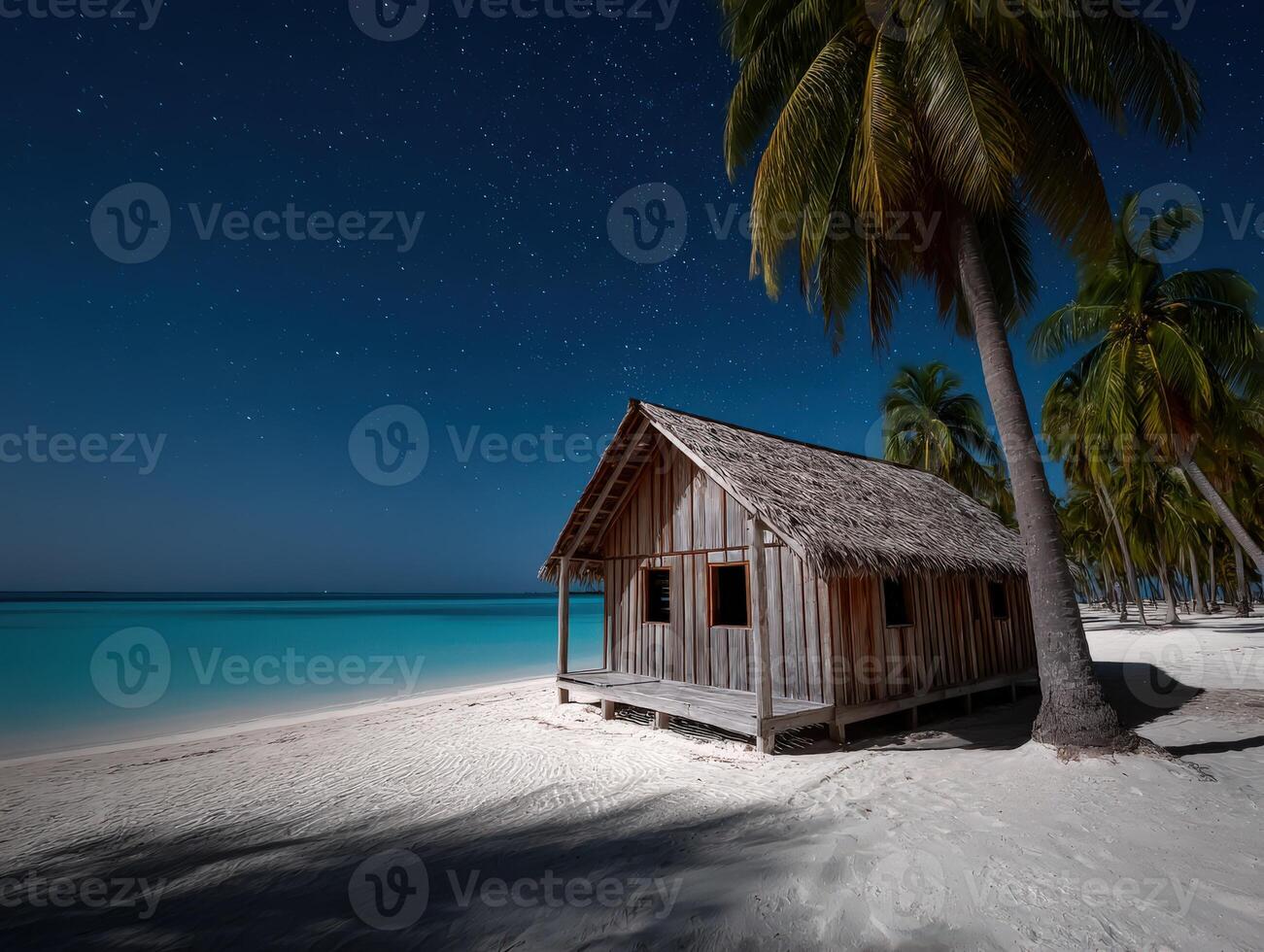 Starlit beach house surrounded by palm trees on a tranquil night photo