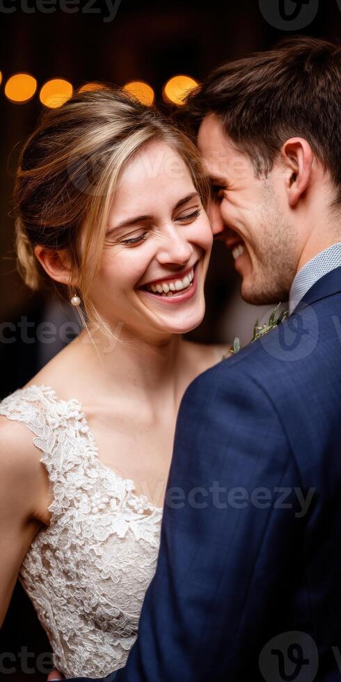 Joyful couple shares an intimate moment during their wedding photo