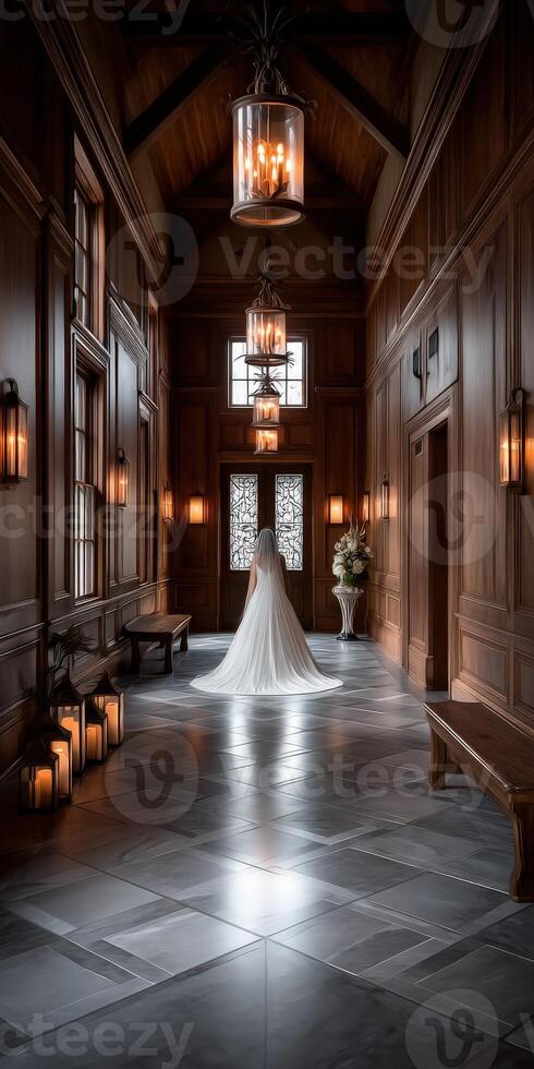 Elegant bride in a beautifully decorated wedding hall photo