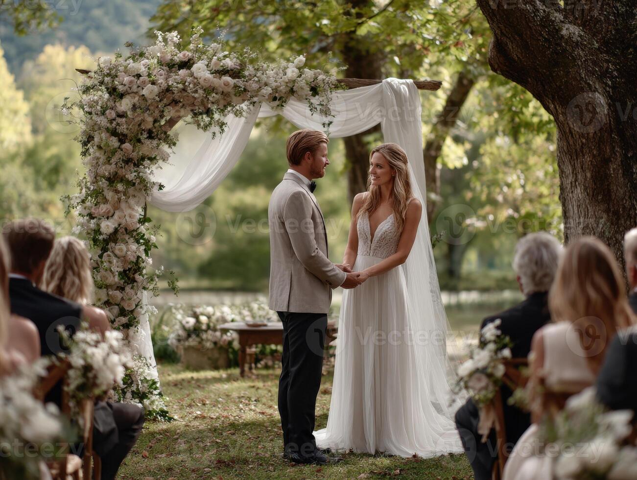 Romantic wedding ceremony by the lakeside under a floral arch photo