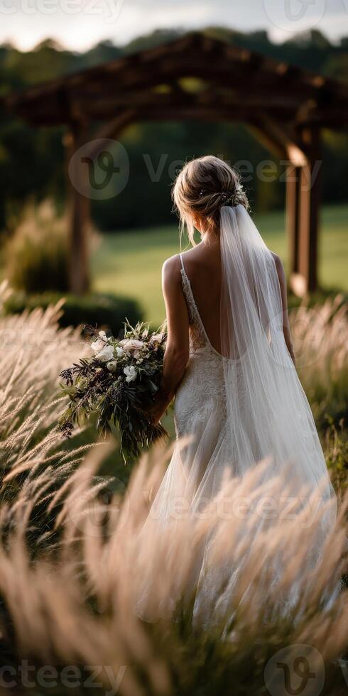 Beautiful bride walking through field with bouquet at sunset photo