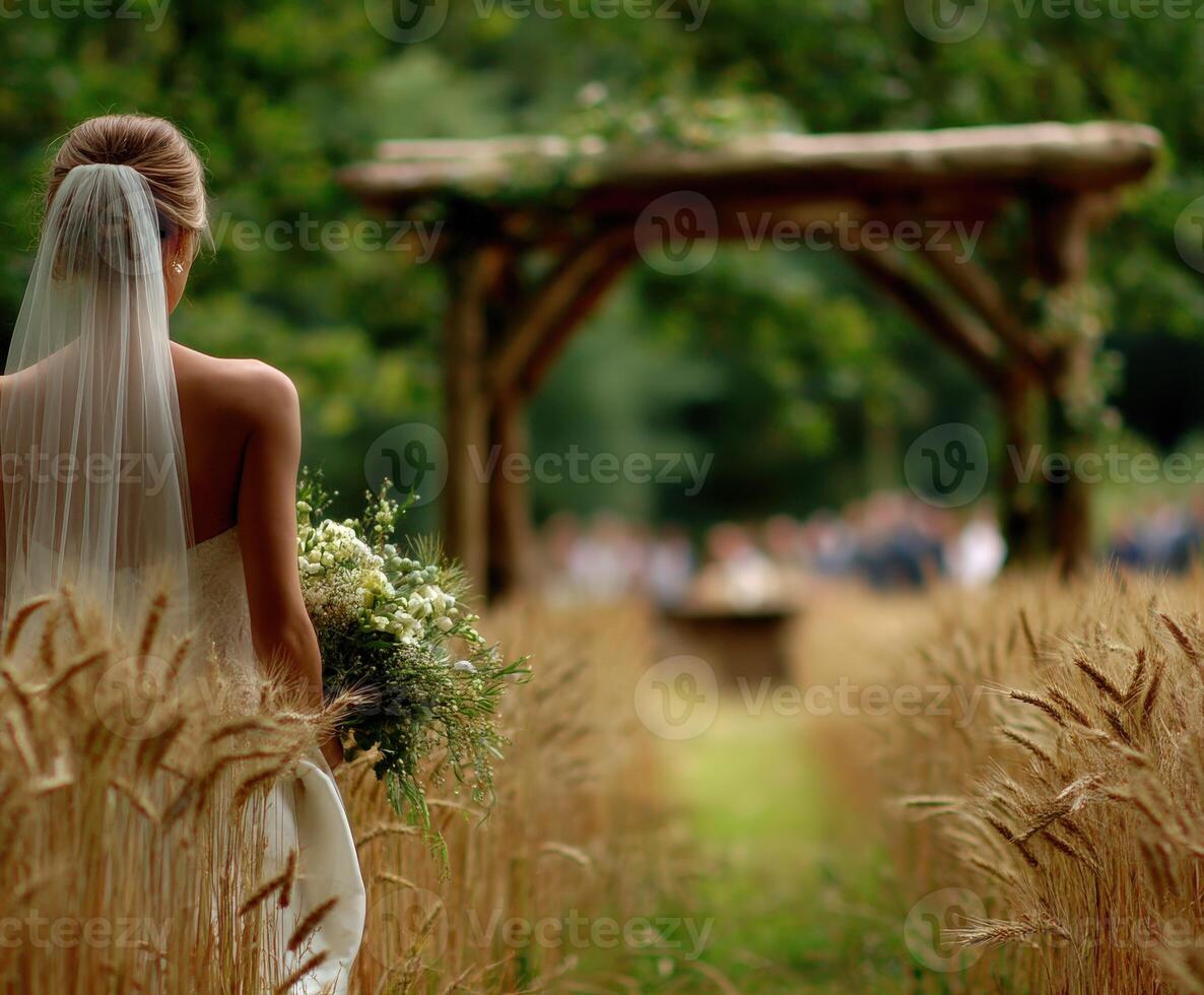 Bride walking through golden wheat to the ceremony photo