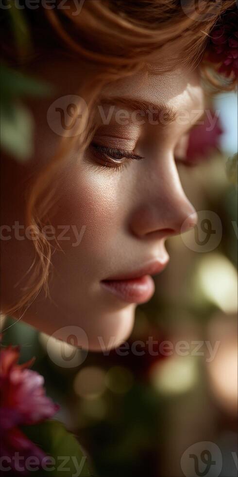 Close view of bride adorned with flowers at wedding ceremony photo
