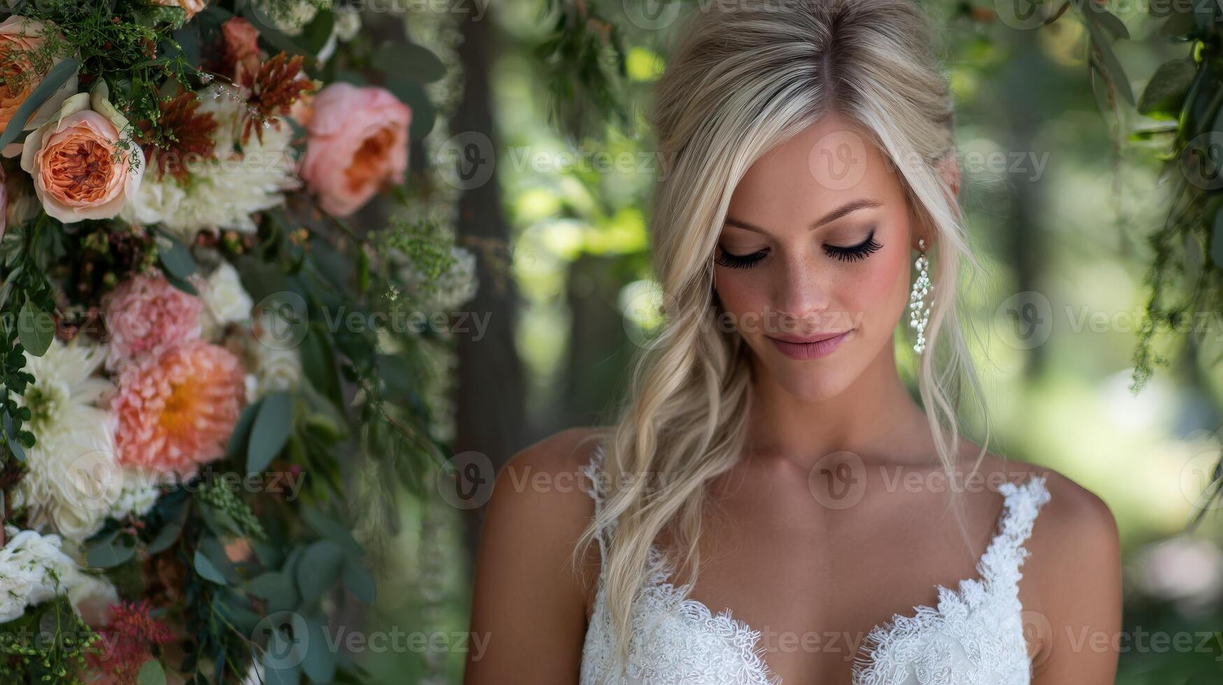 Bride in natural setting with floral backdrop before wedding photo