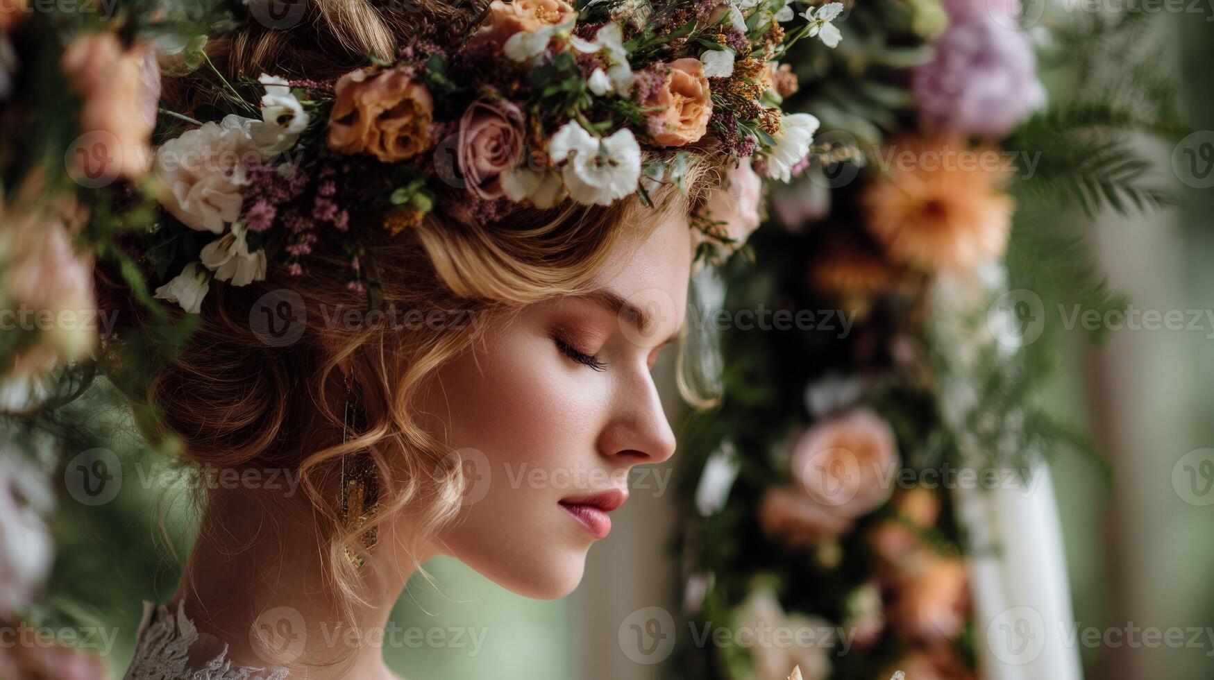 Beautiful bride with floral crown at a romantic wedding photo