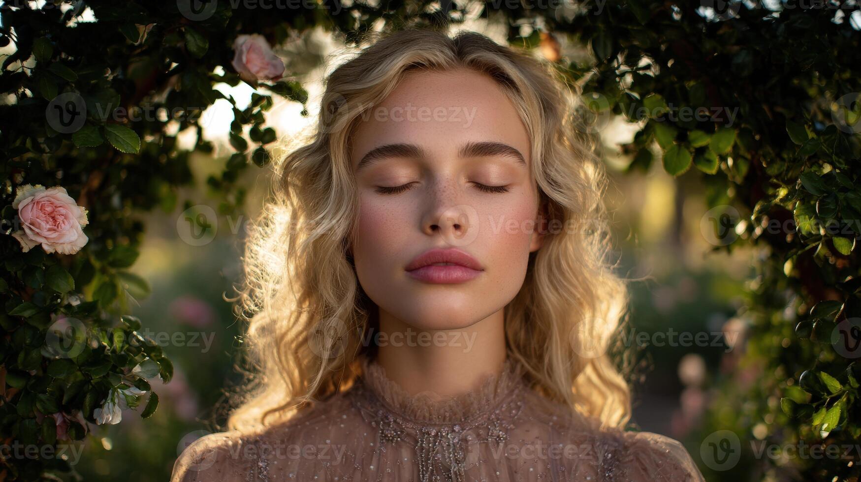 Beautiful bride gazing during an outdoor wedding ceremony photo