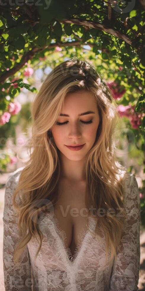 Stunning bride in floral garden during wedding celebration photo
