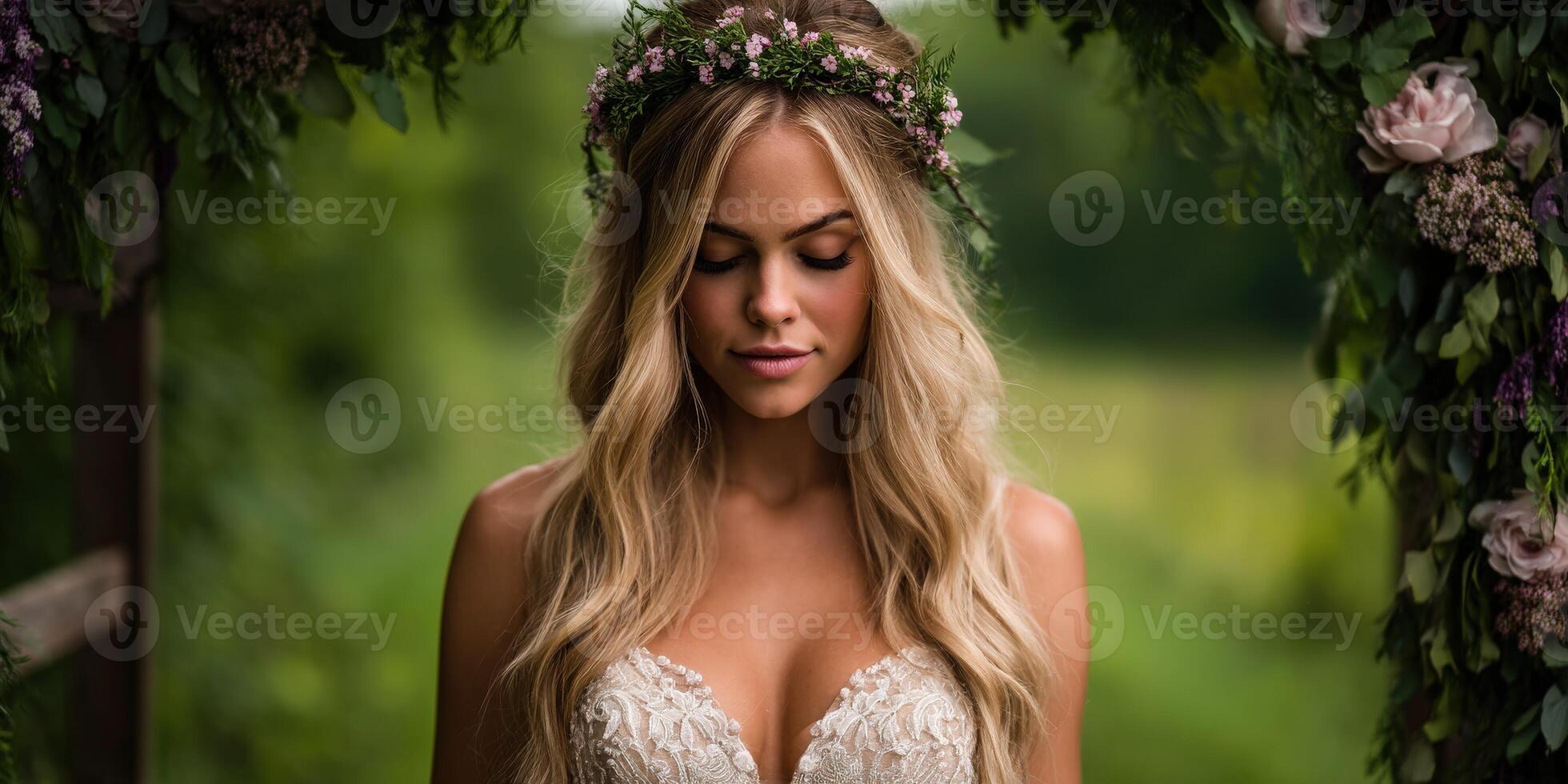 Beautiful bride preparing for wedding ceremony in nature photo