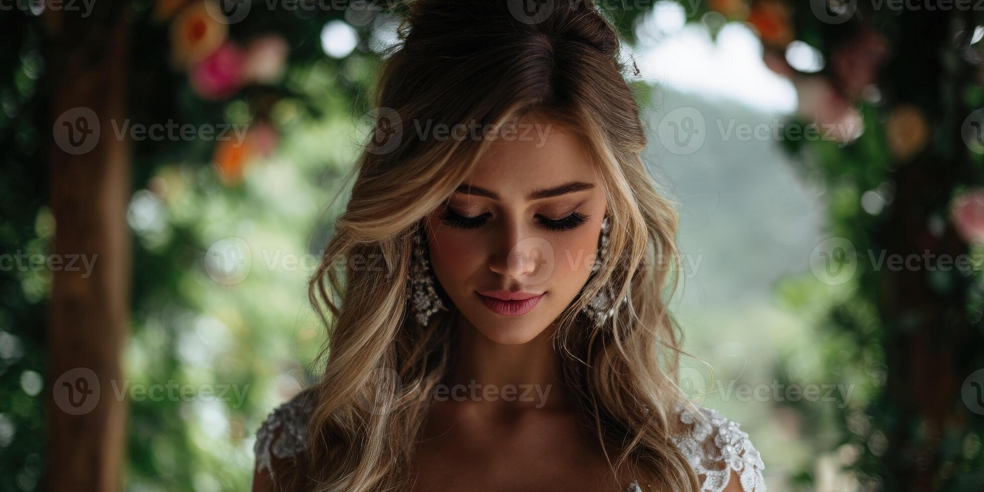 Elegant bride preparing for wedding ceremony in nature photo