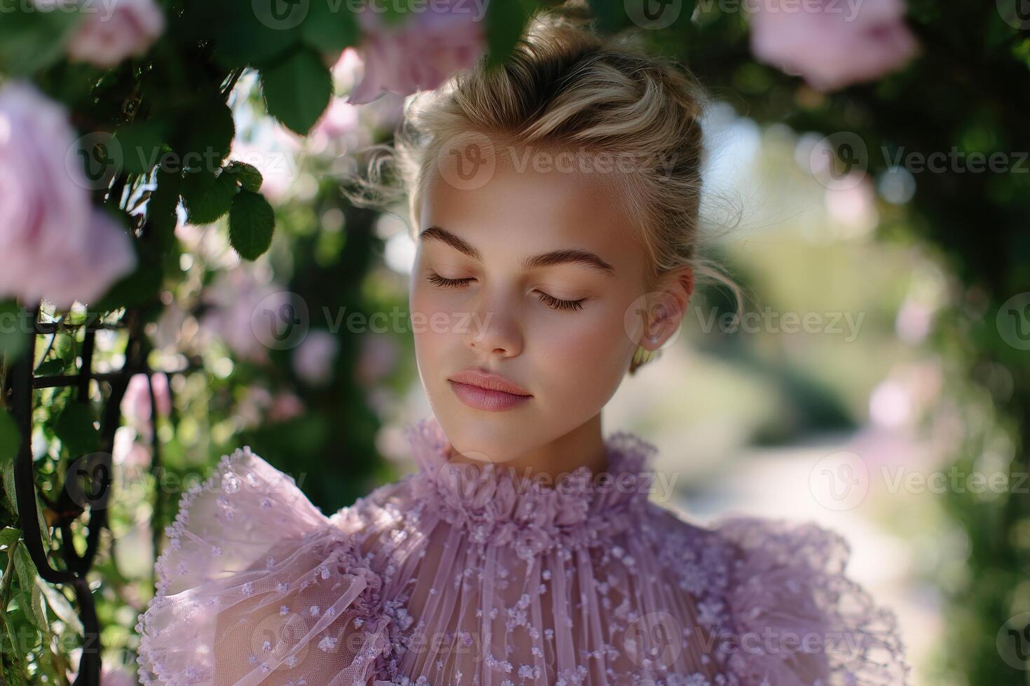 Elegant bridal portrait in a blooming garden at a wedding photo