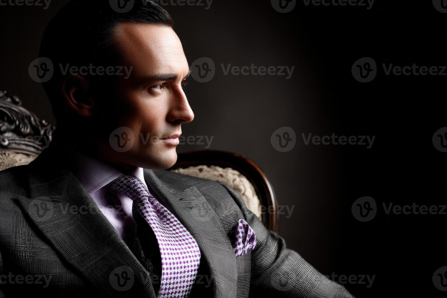 Sophisticated man in a tailored suit seated in elegant style photo