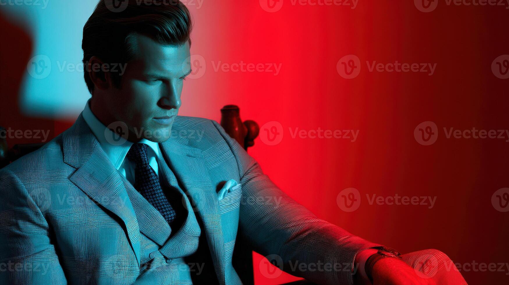 Man in tailored suit seated in stylish red-blue lighting photo