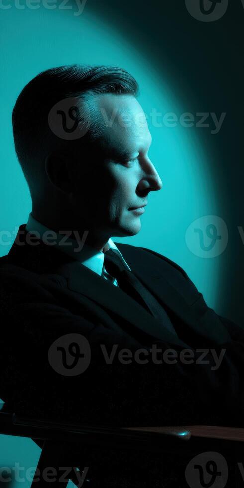 A man in a suit and tie sitting in a chair photo