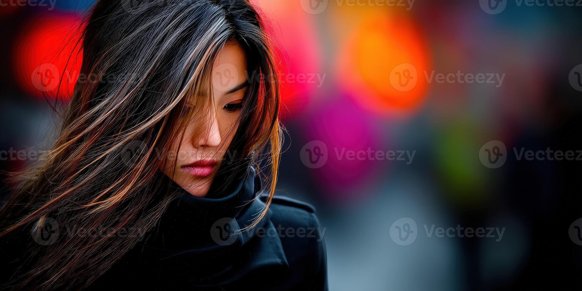 A woman with long hair and a black jacket photo