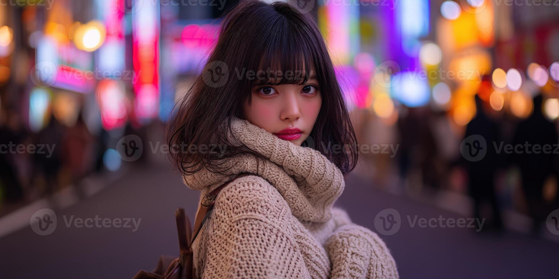 A woman wearing a sweater and scarf in a city at night photo