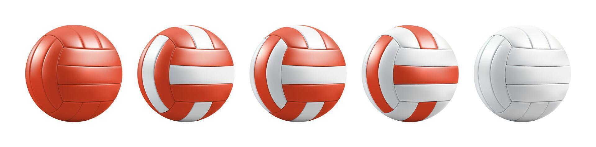 Red white volley ball mockup set. volleyball 3d render. Sport skill trophy icon isolated. Realistic texture round game pictogram. Beach handball, water polo school logo. Striped gym club symbol vector