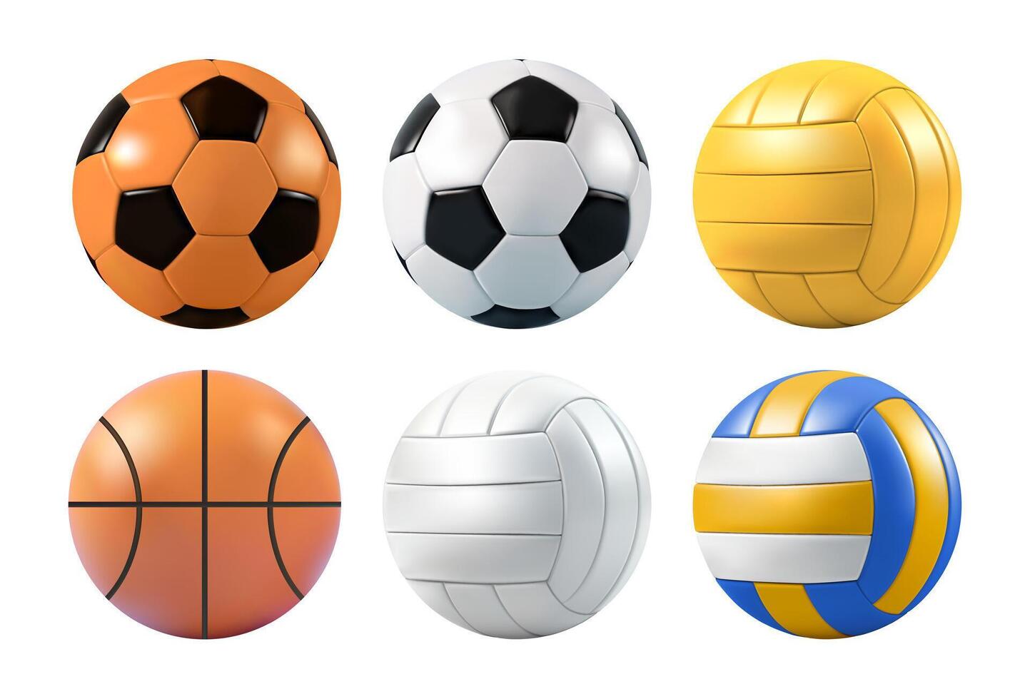 Sport ball 3d icon. Basketball, volleyball, soccer football emoji set. School realistic game equipment, isolated train equipment illustration. American basket, polo cartoon emoticon element vector