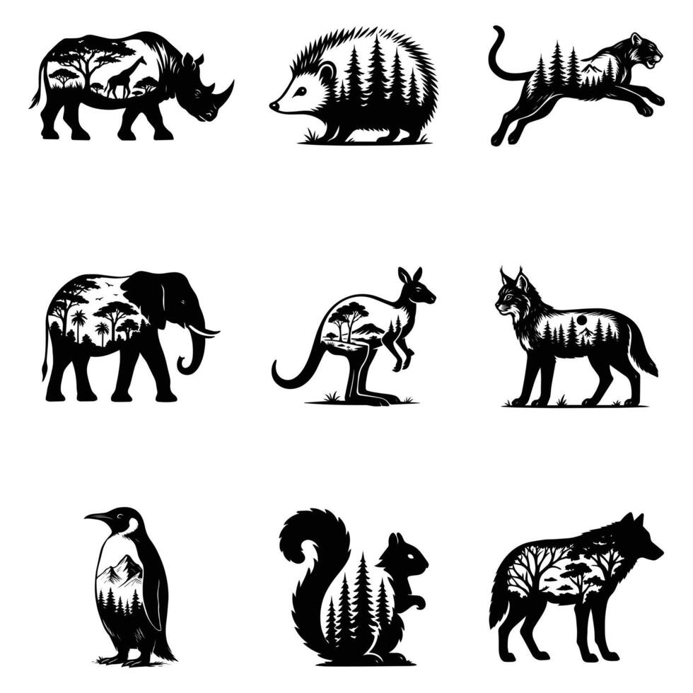 Forest Nature animal art pack, Animal forest scene illustration, Jungle Animals silhouette sublimation design vector
