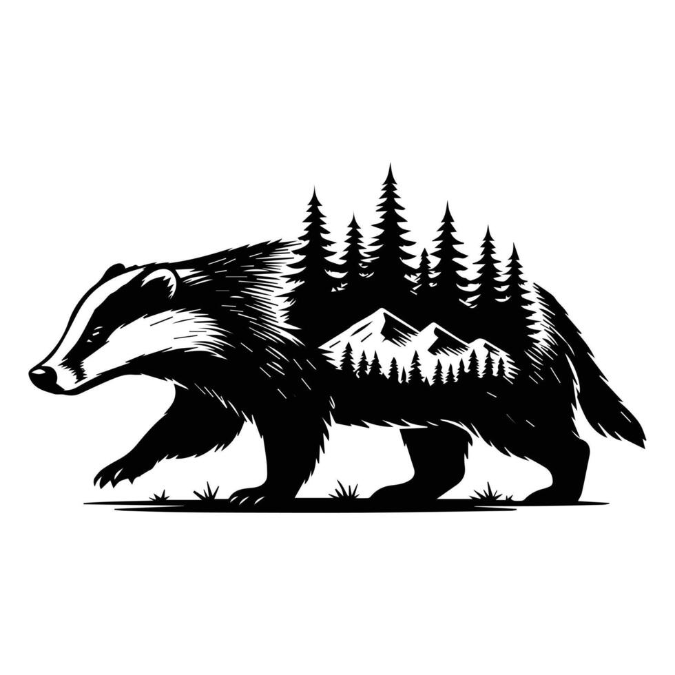 Badger Forest Nature animal art, Animal forest scene illustration, Jungle Animals silhouette sublimation design vector