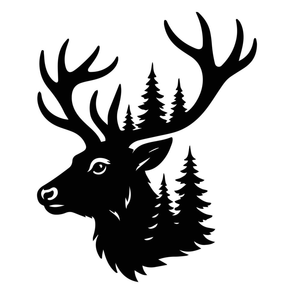 deer big horn Forest Nature art, Animal forest scene illustration, Jungle Animals silhouette sublimation design vector