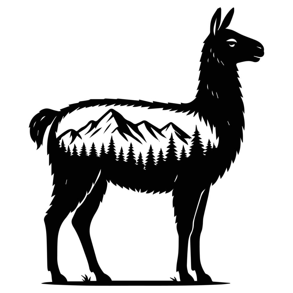 Llama Forest Nature animal art, Animal forest scene illustration, Jungle Animals silhouette sublimation design vector