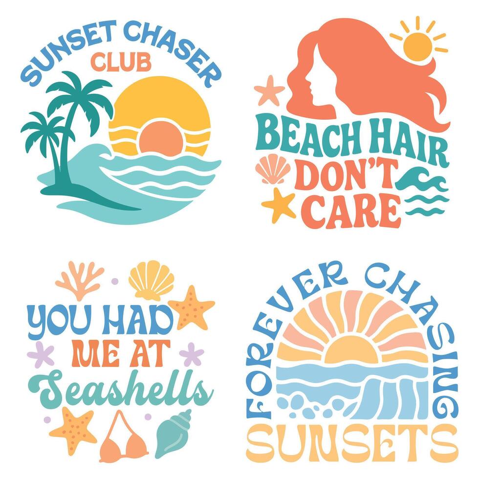 Boho Summer T-Shirt graphic Design, Retro Boho Summer Beach illustration, Trendy Good Summer Vibes art, Boho Summer sunshine Design Sublimation bundle vector