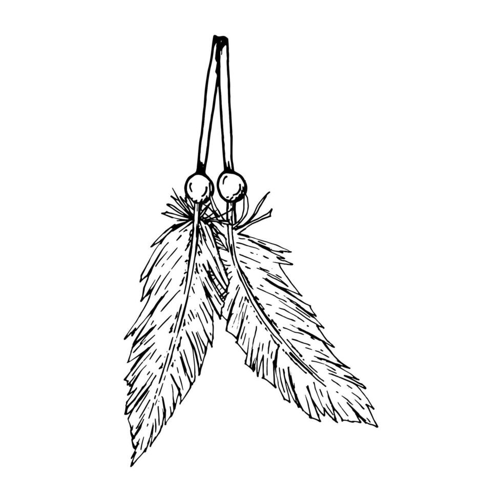 Black and white illustration of two hanging feathers with beads, in hand drawn style. Perfect for children s crafts, boho-themed kids rooms, DIY activities, and creative educational projects. vector
