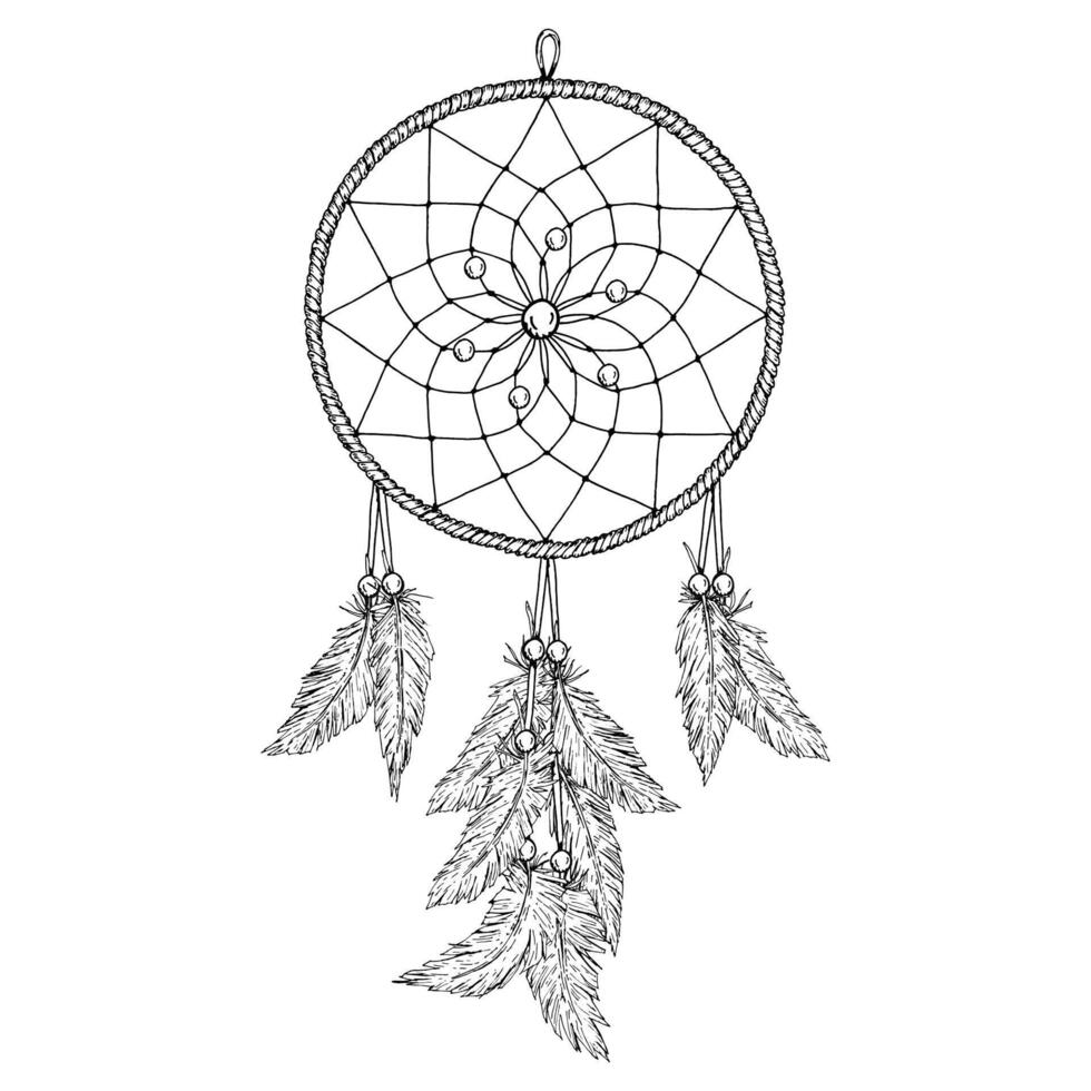 illustration of a hand-drawn dreamcatcher with feathers and beads, created in ink line art. Suitable for esoteric designs, boho themes, crafts, textile prints, and wall decor. vector