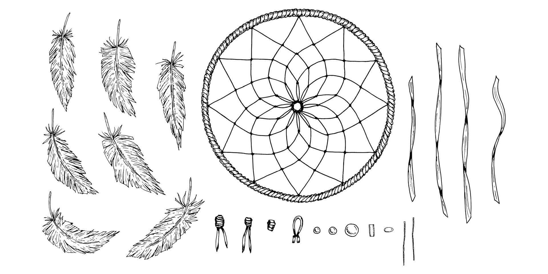 Hand drawn set of dreamcatcher elements feathers, hoop, threads, knots and beads. Ideal for DIY projects, handmade crafts, boho decorations, creative compositions and textile design. vector